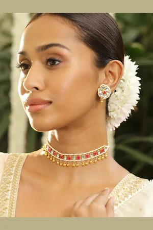 Rubans 18K Gold Plated RubyPink & White Kundan Stone Choker Set with Gold Beaded Detailing