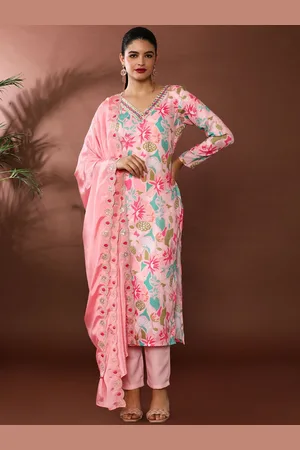 Jaipur Women Floral Printed Regular Sequinned Pure Cotton Kurta with Trousers & With Dupatta