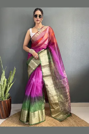 HERE&NOW Tie and Dye Zari Organza Kanjeevaram Saree