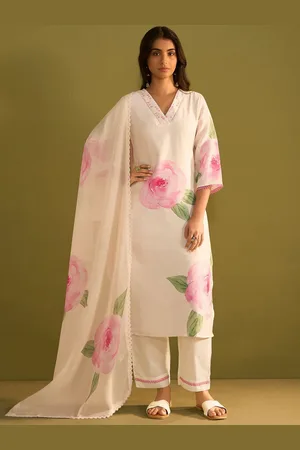 Indo Era Women Floral Printed Regular Sequinned Linen Kurta with Trousers & With Dupatta