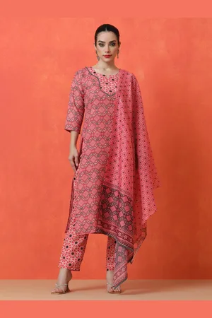 Jaipur Floral Printed Notch Neck Geometric Straight Kurta With Trousers And Dupatta