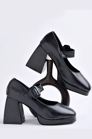 Shoetopia Girls Square Toe Block Heel Pumps with Buckles