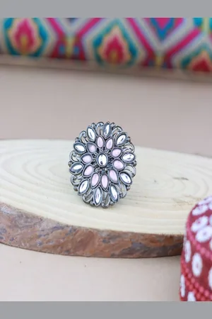 I Jewels Nude Pink & Silver-Toned Oxidised Rhodium Plated Kundan Handcrafted Finger Ring