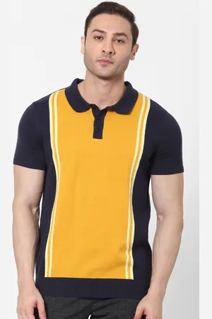 Celio Men Navy Blue Yellow Colourblocked Polo Collar Cotton Pure Cotton T-shirt