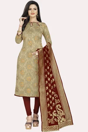 MORLY Beige & Maroon Dupion Silk Unstitched Dress Material