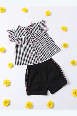 Nauti Nati Girls Black & White Checked Pure Cotton Top with Shorts