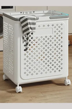 DecorTwist White Foldable Plastic Laundry Basket Bathroom Clothes Storage With Wheels