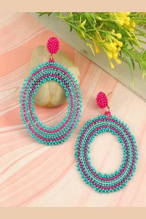 Sangria Gold-Plated Artificial Beaded Oval Shaped Drop Dangle Earrings