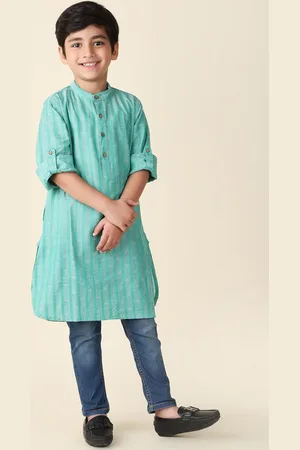 Fabindia Boys Striped Woven Design Mandarin Collar Cotton Straight Kurta