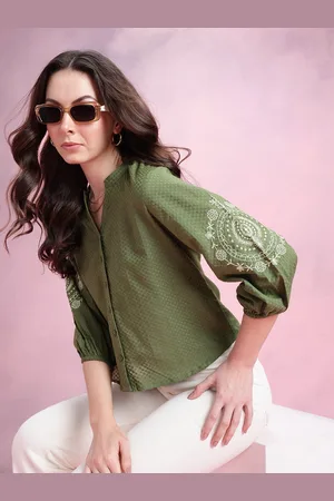 DressBerry Mandarin Collar Puff Sleeve Embroidered Cotton Top