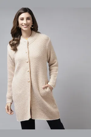 Cayman Women Beige Chevron Patterned Longline Woollen Cardigan