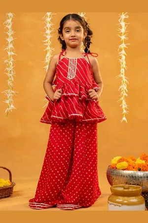 Jilmil Girls Ethnic Motifs Printed Layered Gotta Patti Top with Palazzos
