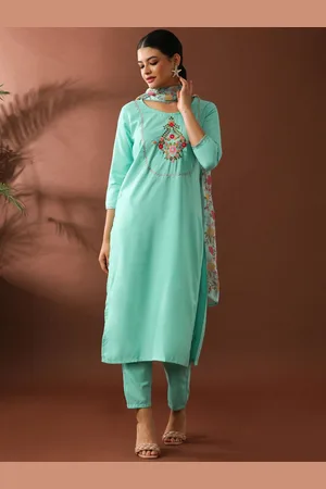 Jaipur Women Floral Yoke Design Regular Thread Work Kurta with Trousers & With Dupatta