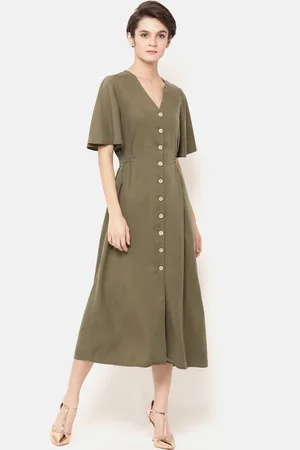 Gipsy Women Solid Olive Green A-Line Dress