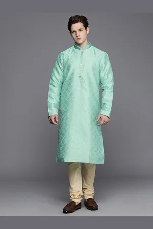Manyavar Men Green & Beige Woven Design Jacquard Kurta with Churidar