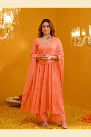 Bunaai Round Neck Thread Work Anarkali Kurta With Trousers & Dupatta