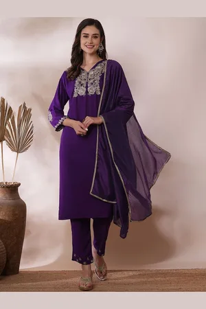 Kalini Floral Embroidered V-Neck Pure Cotton Straight Kurta With Trousers & Dupatta