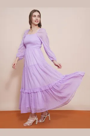 Globus Women Square Neck Bishop Sleeves Self Design Smocked Tiered Fit & Flare Maxi Dress