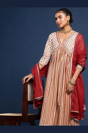 Taavi Hand Block Printed Empire Gotta Patti Pure Cotton Kurta With Trousers & Dupatta