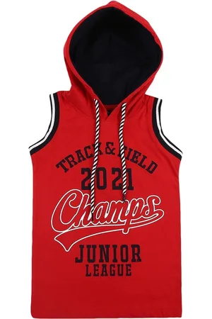 V-Mart Boys Printed Cotton Hooded Sleeveless T-Shirt