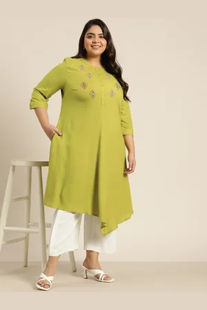 Sztori Women Green Ethnic Motifs Thread Work Pleated Asymmetric EcoVero Kurta