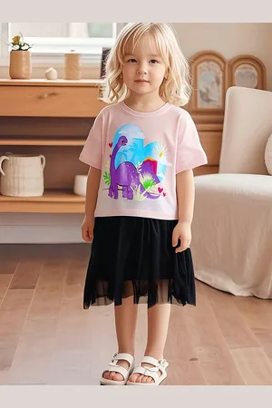 LULU & SKY Girls Printed Round Neck Pure Cotton T-Shirt With Skirt