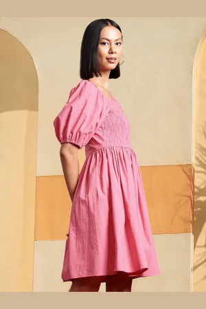 all about you Puff Sleeves Smocked Pure Cotton Fit & Flare Dress