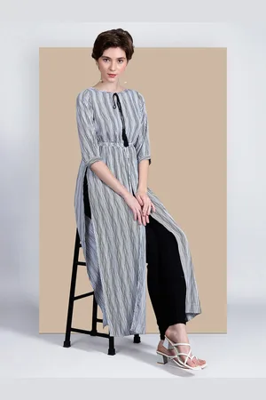 Chemistry Women Round Neck Striped Tassel Tie-Up Detailing Maxi Work wear Top