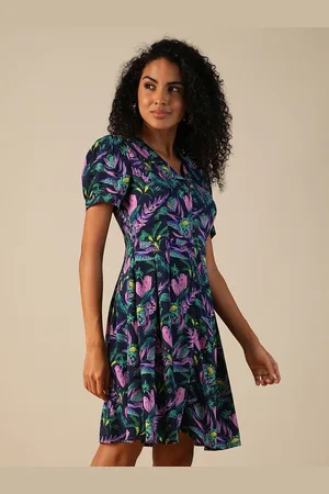 Globus Women Tropical Printed V-Neck Puff Sleeve Above Knee A-Line Dress