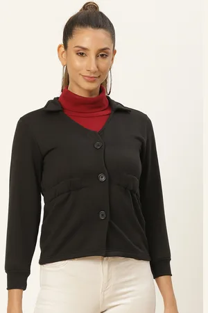 Belle Women Black Solid Fleece Lightweight Tailored Jacket