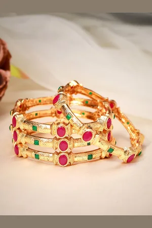 Rubans Set Of 4 24K Gold-Plated Red & Green Ruby-Studded Filgree Handcrafted Bangles