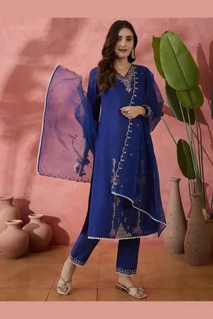 Sangria Blue Floral Embroidered V-Neck Sequinned Straight Kurta With Trousers And Dupatta