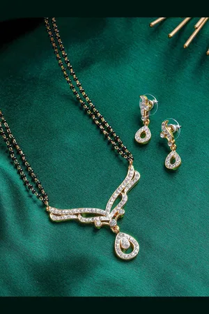 ESTELE Gold-Plated White CZ Studded & Black Beaded Mangalsutra & Earrings Set