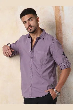 High Star Men Regular Fit Utility Heavy Washed Spread Collar Solid Cotton Casual Shirt