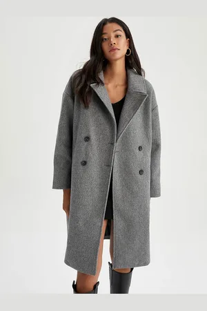 DeFacto Women Grey Notched Lapel Collar Knee Length Overcoat