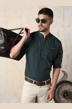 High Star Men Regular Fit Utility Heavy Washed Spread Collar Solid Cotton Casual Shirt