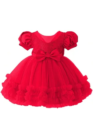 Miss & Chief Embellished Embroidered Puff Sleeve Net Fit & Flare Dress
