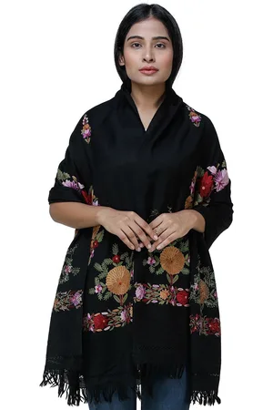 Exotic India Caviar Black Traditional Woolen Kashmiri Stole with Hand-Embroidered Flowers