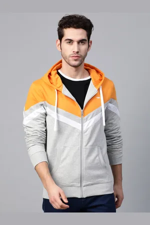 Park Avenue Men Grey Melange & Mustard Colourblocked Hooded Sweatshirt
