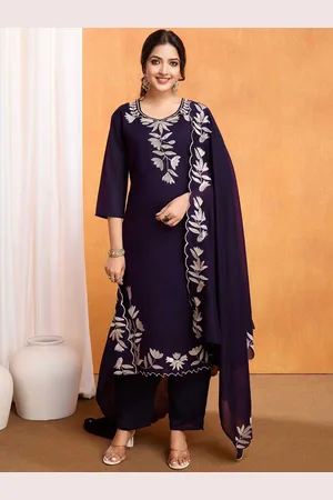 DIVASTRI Floral Embroidered Sequinned Pure Cotton Straight Kurta With Trouser & Dupatta
