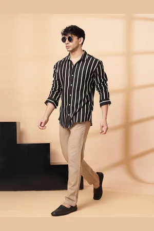 Rigo Men Cutaway Collar Vertical Striped Linen Casual Shirt
