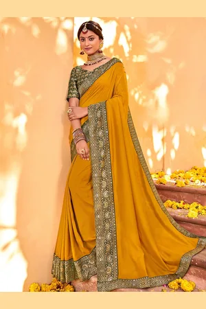 Saree mall Mustard yellow & Green Zari Silk Blend Sarees