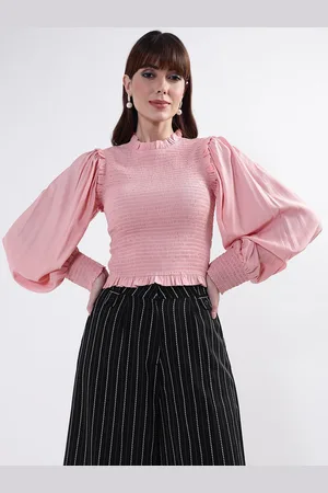 CENTRESTAGE Pink Solid Smocked Detail Top