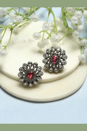 Biba Silver Plated Stone Studded Floral Stud Earrings