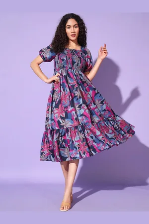 DEKLOOK Women Floral Printed Cotton Fit & Flared Midi Dress