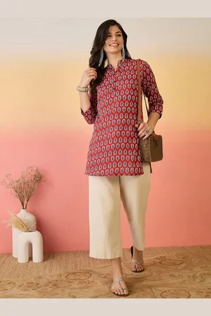 Sangria Women Printed Pure Cotton Mandarin Collar Top