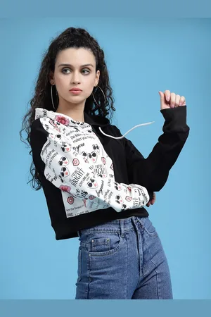 KASSUALLY Women White Printed Hooded Sweatshirt