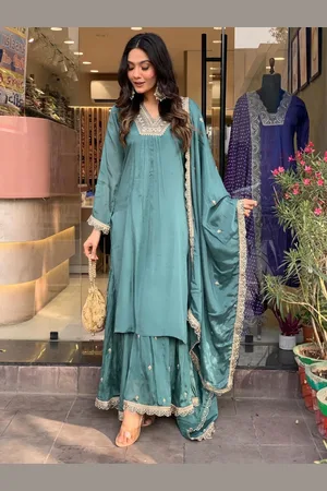 Ethnic Yard Floral Embroidered Sequnnied Straight Kurta With Sharara & Dupatta