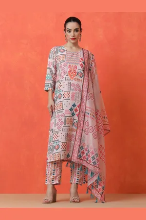 Jaipur Floral Printed Square Neck Pure Cotton Straight Kurta With Trousers & Dupatta