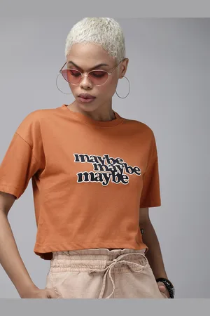 Roadster The Lifestyle Co Women Rust Typography Printed Drop-Shoulder Sleeves T-shirt